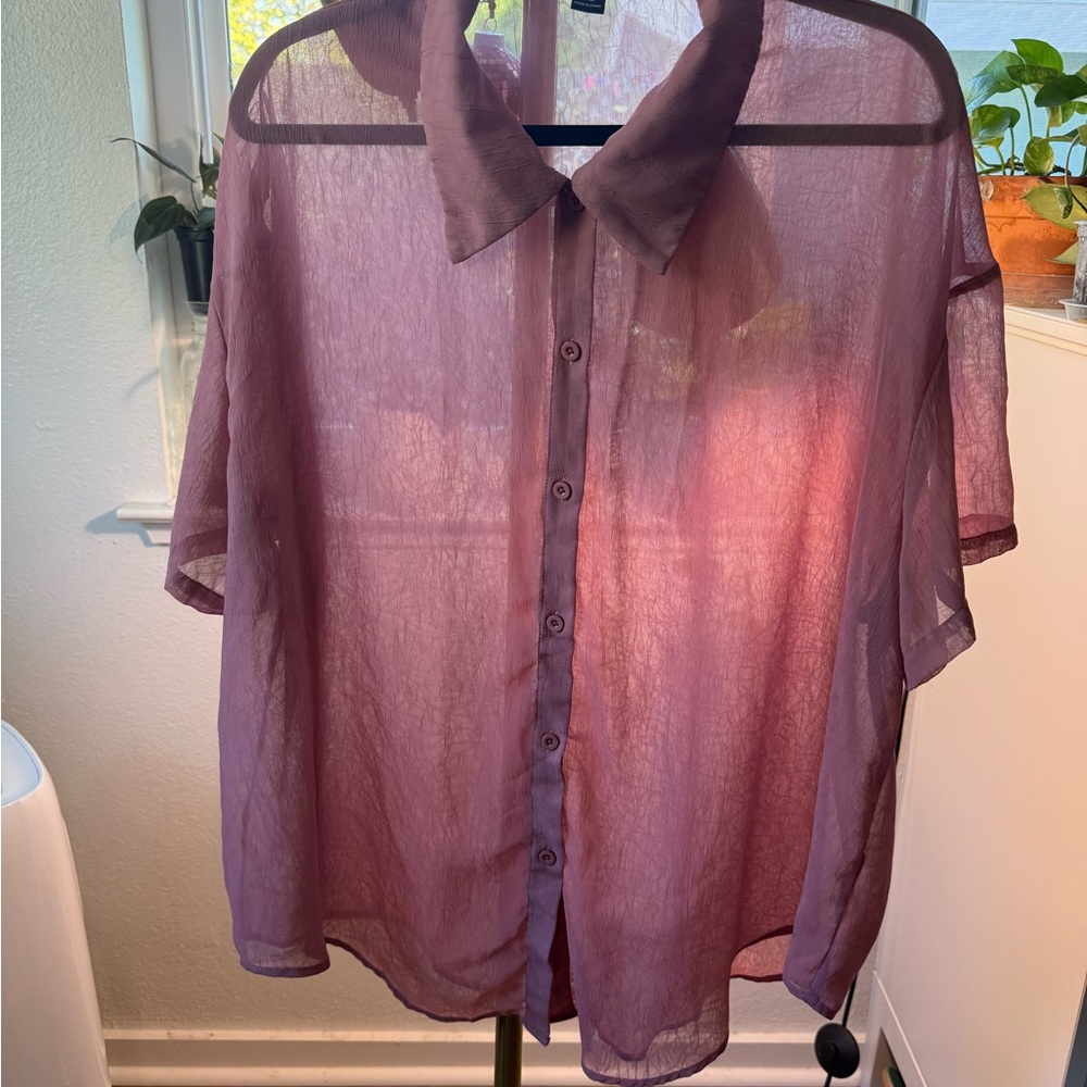 SHEIN Curve Dusty Rose Sheer Button-Up Blouse